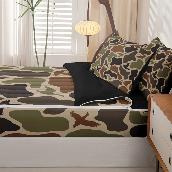 meiyoeat Classic Camo Mallard Zipper Twin Comforter Sets with Fitted Sheet and 2 Pillowcases For Adults,Vintage Camouflage Print Zipper Bedding Set For Boys, Earth Tone,Black Reversible,4 Pieces