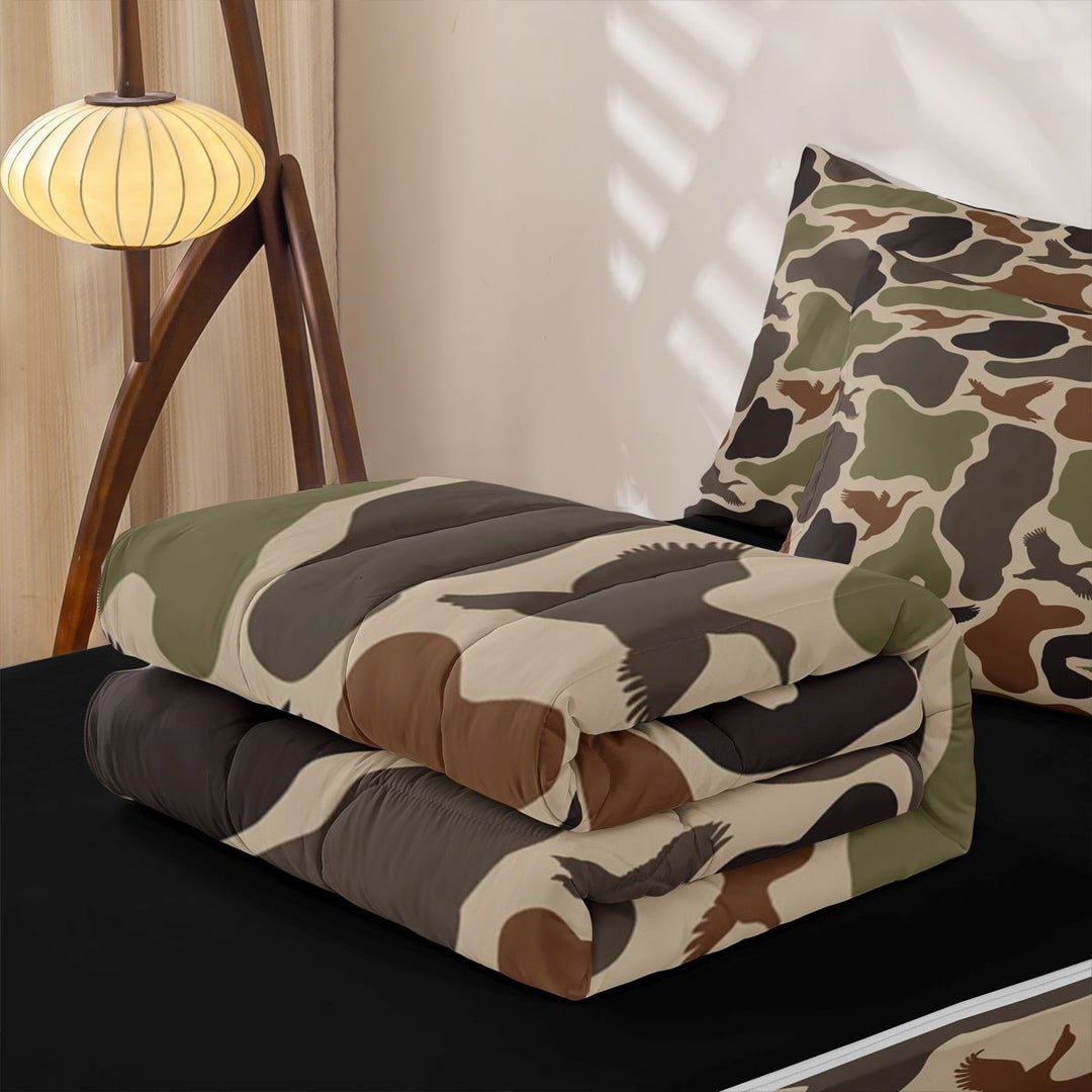 meiyoeat Classic Camo Mallard Zipper Twin Comforter Sets with Fitted Sheet and 2 Pillowcases For Adults,Vintage Camouflage Print Zipper Bedding Set For Boys, Earth Tone,Black Reversible,4 Pieces