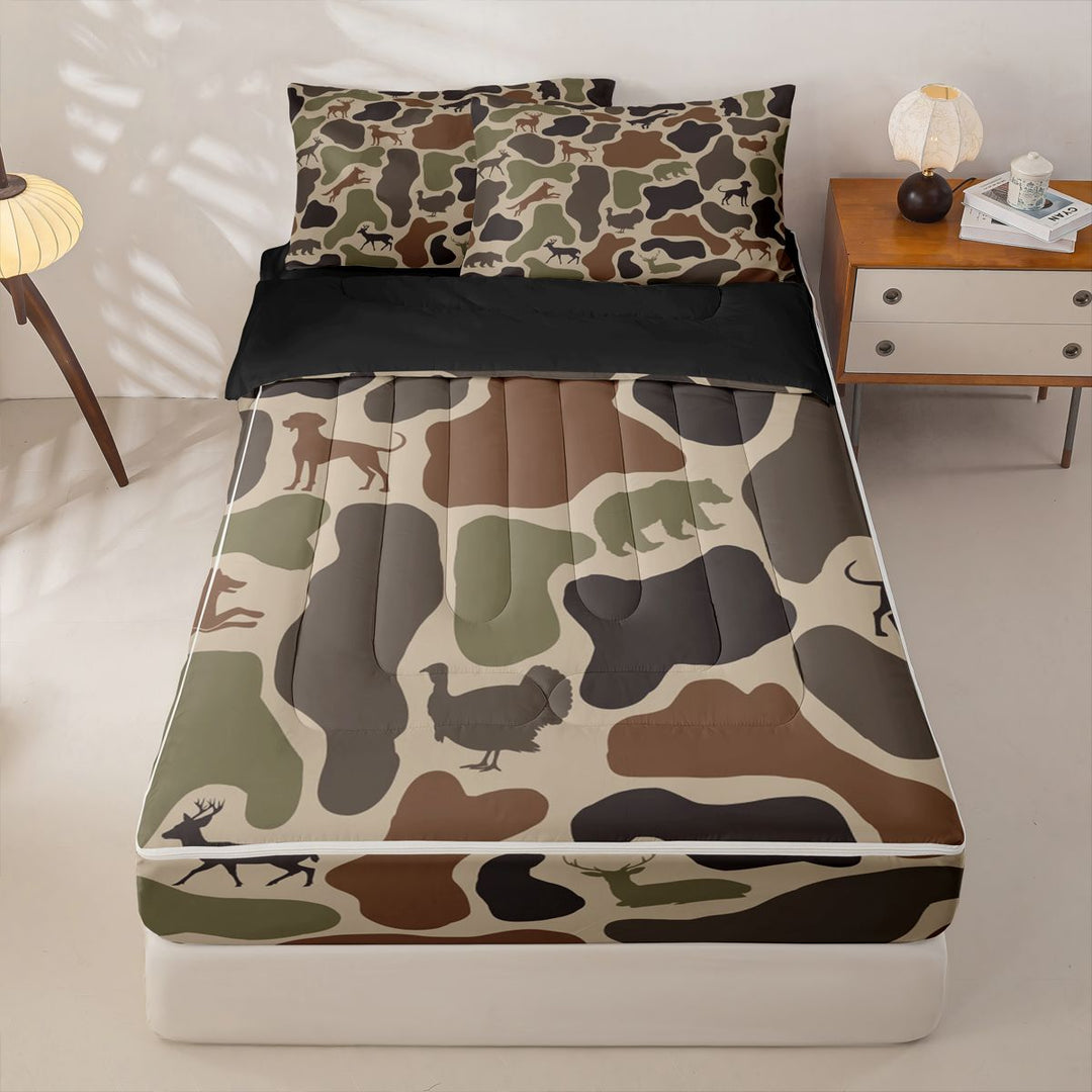 meiyoeat Hunting Camo Animal Zipper Full Size Comforter Sets with Fitted Sheet and 2 Pillowcases For Adult,Jungle Wildlife Deer Bear Zipper Bedding Set For Kids,Black Reversible,4-Piece