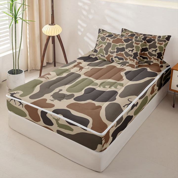 meiyoeat Hunting Camo Animal Zipper Full Size Comforter Sets with Fitted Sheet and 2 Pillowcases For Adult,Jungle Wildlife Deer Bear Zipper Bedding Set For Kids,Black Reversible,4-Piece