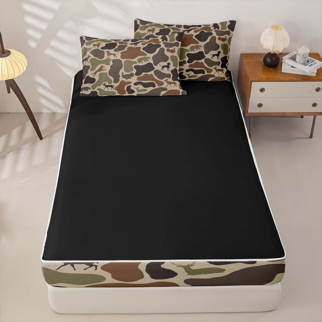 meiyoeat Hunting Camo Animal Zipper Full Size Comforter Sets with Fitted Sheet and 2 Pillowcases For Adult,Jungle Wildlife Deer Bear Zipper Bedding Set For Kids,Black Reversible,4-Piece