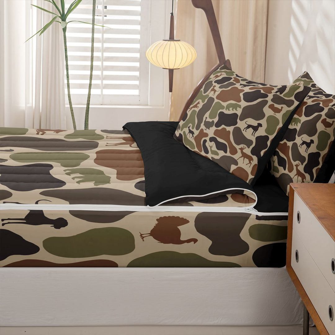 meiyoeat Hunting Camo Animal Zipper Full Size Comforter Sets with Fitted Sheet and 2 Pillowcases For Adult,Jungle Wildlife Deer Bear Zipper Bedding Set For Kids,Black Reversible,4-Piece