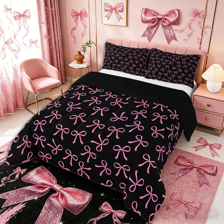 Meiyoeat Girly Ribbon Bow Full Size Comforter Sets 3-Piece for Teens, Black pink Bedding Comforter Set for Bedroom,Black Reversible