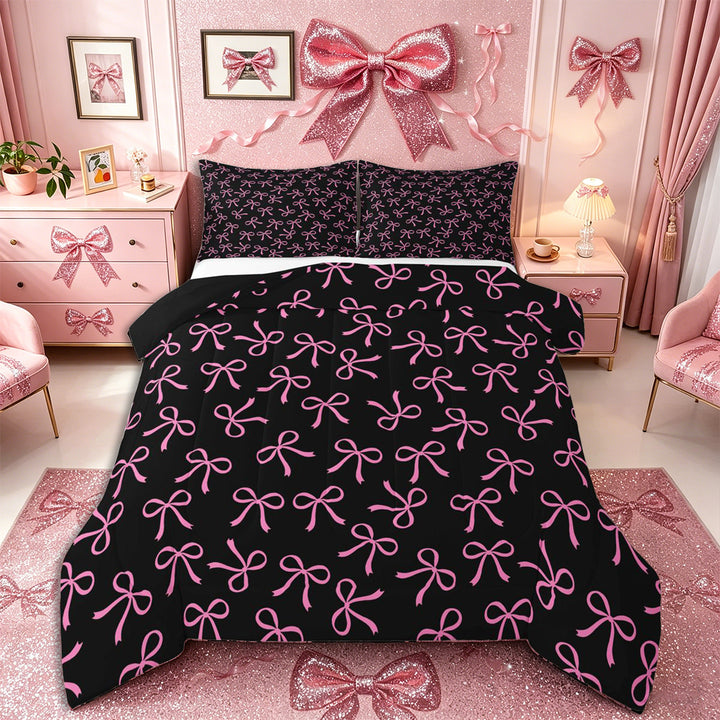 Meiyoeat Girly Ribbon Bow Full Size Comforter Sets 3-Piece for Teens, Black pink Bedding Comforter Set for Bedroom,Black Reversible