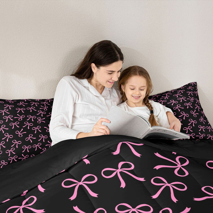 Meiyoeat Girly Ribbon Bow Full Size Comforter Sets 3-Piece for Teens, Black pink Bedding Comforter Set for Bedroom,Black Reversible