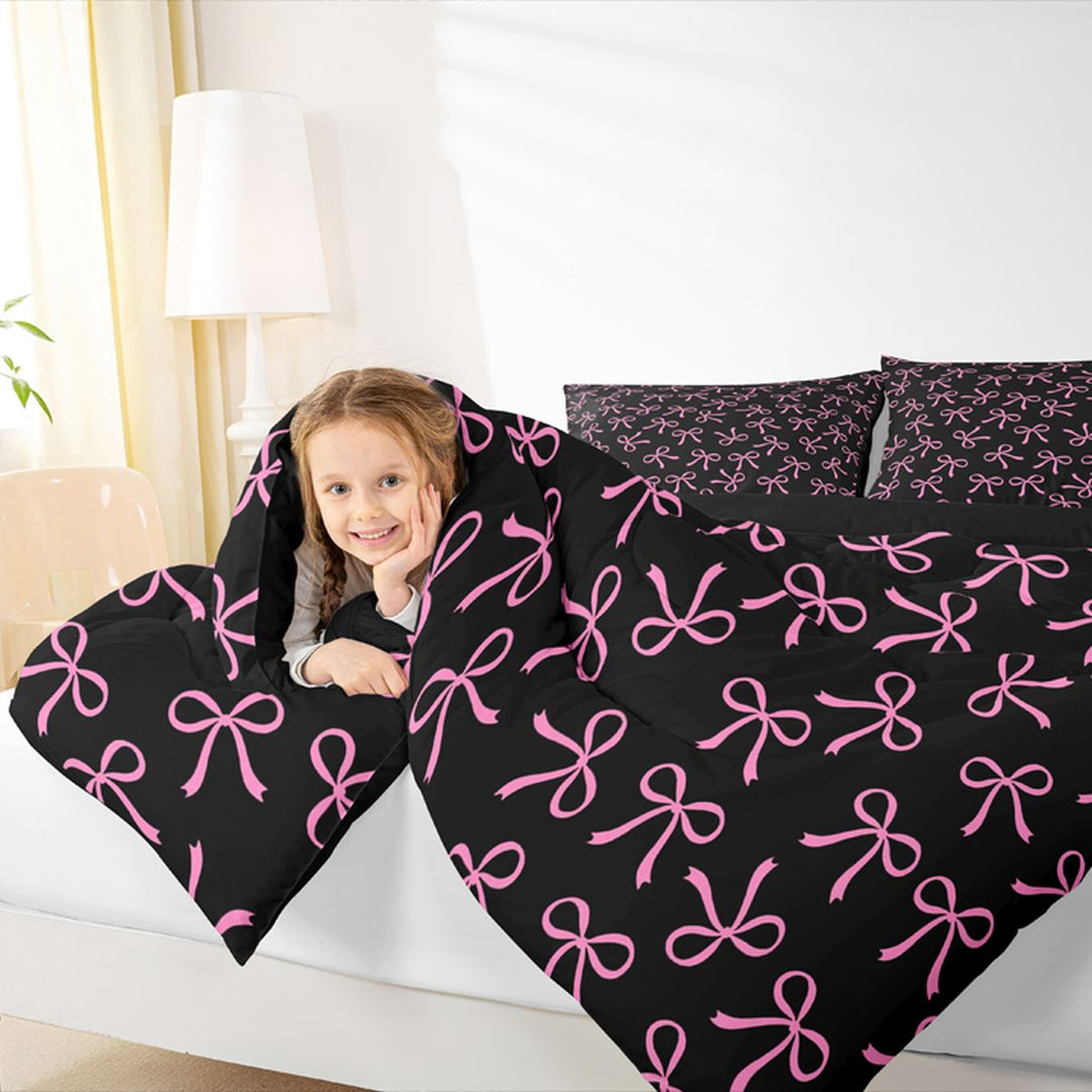 Meiyoeat Girly Ribbon Bow Full Size Comforter Sets 3-Piece for Teens, Black pink Bedding Comforter Set for Bedroom,Black Reversible