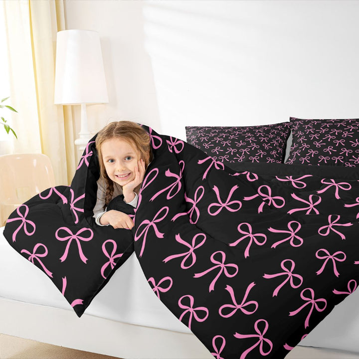 Meiyoeat Girly Ribbon Bow Full Size Comforter Sets 3-Piece for Teens, Black pink Bedding Comforter Set for Bedroom,Black Reversible