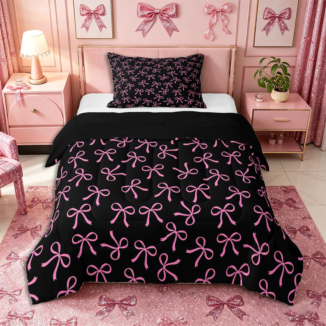 Meiyoeat Girly Ribbon Bow Full Size Comforter Sets 3-Piece for Teens, Black pink Bedding Comforter Set for Bedroom,Black Reversible