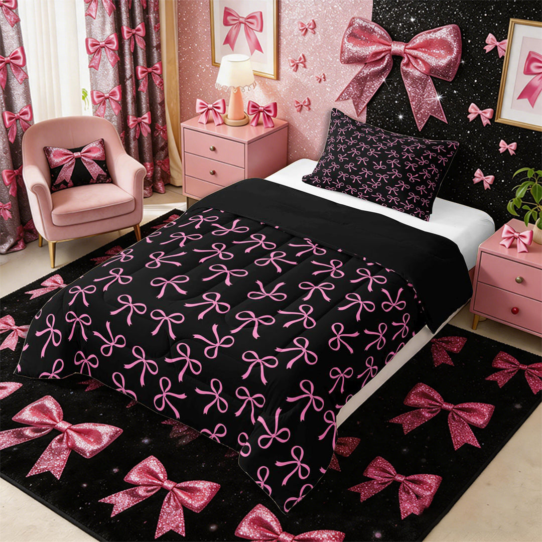 Meiyoeat Girly Ribbon Bow Full Size Comforter Sets 3-Piece for Teens, Black pink Bedding Comforter Set for Bedroom,Black Reversible