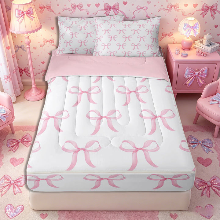 Meiyoeat Cute Pink Ribbon Bow Zipper Full Size Comforter Sets with Fitted Sheet and 2 Pillowcases, Dreamy Princess Zipper Bedding Set,4pcs,Pink Reversible