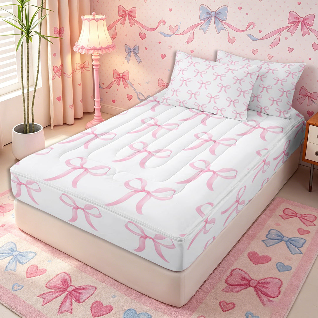 Meiyoeat Cute Pink Ribbon Bow Zipper Full Size Comforter Sets with Fitted Sheet and 2 Pillowcases, Dreamy Princess Zipper Bedding Set,4pcs,Pink Reversible