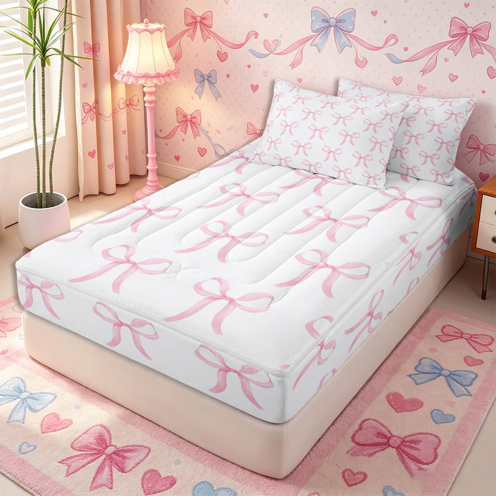 Meiyoeat Cute Pink Ribbon Bow Zipper Full Size Comforter Sets with Fitted Sheet and 2 Pillowcases, Dreamy Princess Zipper Bedding Set,4pcs,Pink Reversible