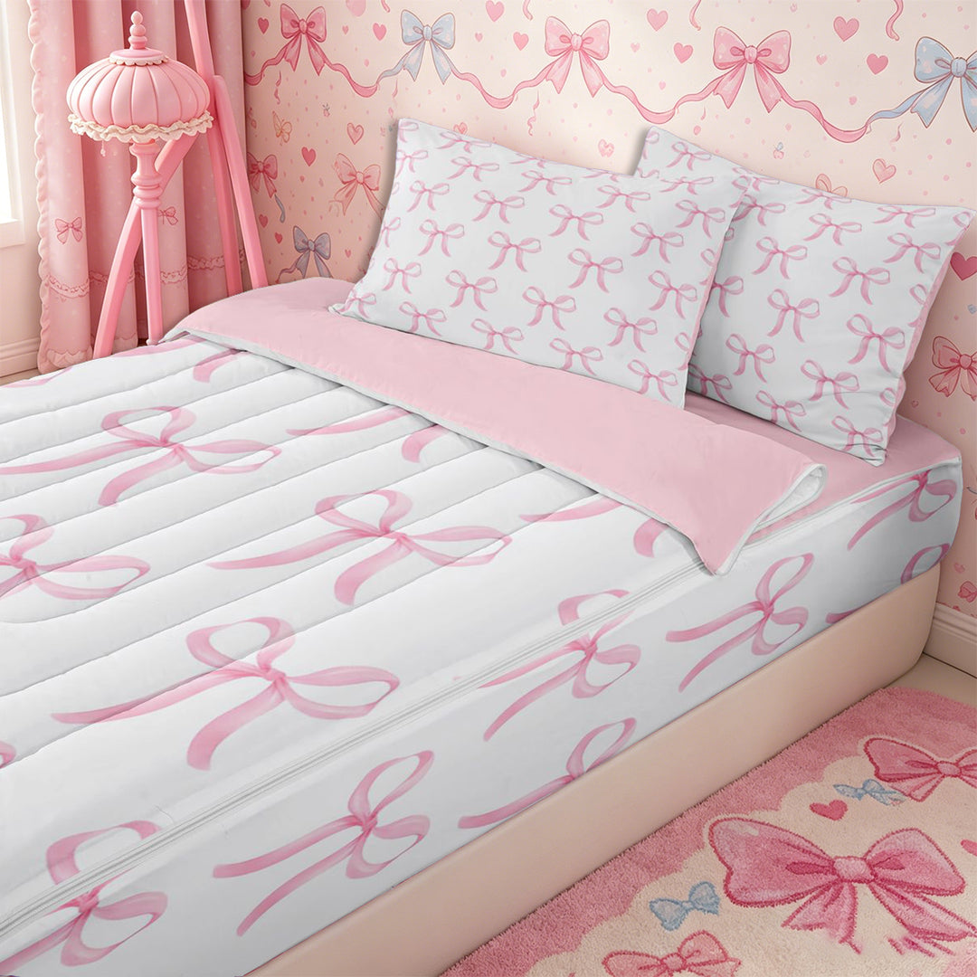 Meiyoeat Cute Pink Ribbon Bow Zipper Full Size Comforter Sets with Fitted Sheet and 2 Pillowcases, Dreamy Princess Zipper Bedding Set,4pcs,Pink Reversible