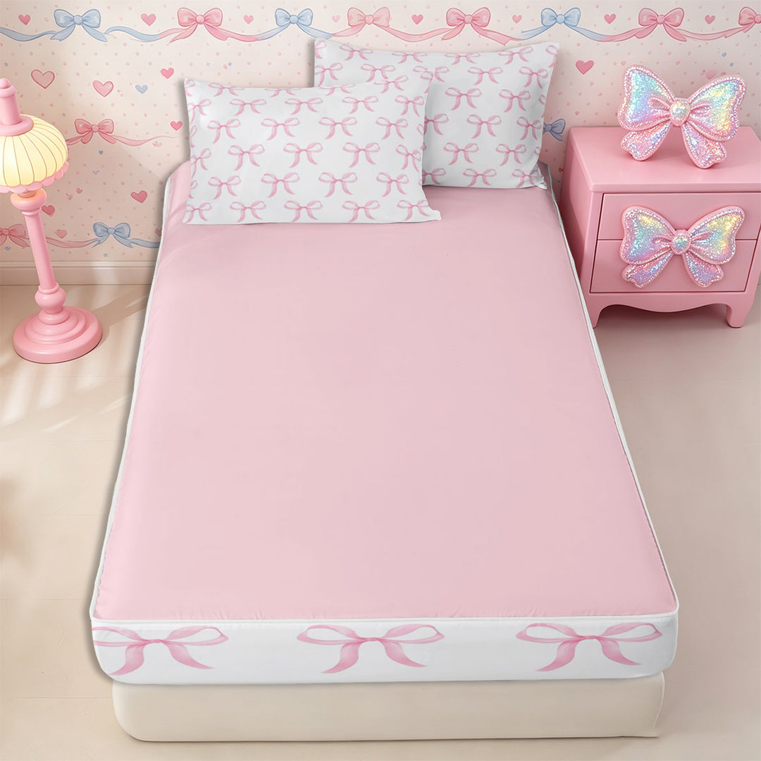 Meiyoeat Cute Pink Ribbon Bow Zipper Full Size Comforter Sets with Fitted Sheet and 2 Pillowcases, Dreamy Princess Zipper Bedding Set,4pcs,Pink Reversible