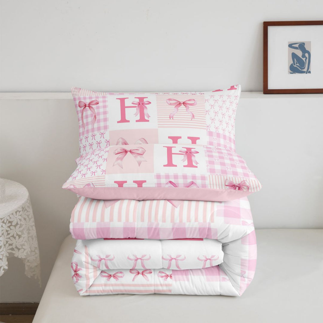 meiyoeat Modern Geometric Plaid Full Size Comforter Sets For Kids,Pink Coquette Bow Initial Letter H Bedding Comforter Set,Pink Reversible,3pcs