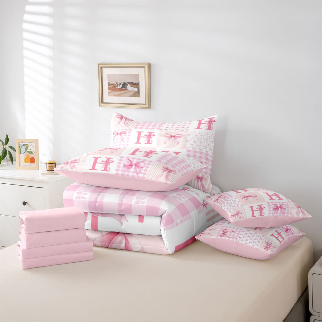 meiyoeat Modern Geometric Plaid 7 Pieces Full Size Bedding Sets For Kids,Pink Coquette Bow Initial Letter H Full Size Bed in a Bag,Pink Reversible