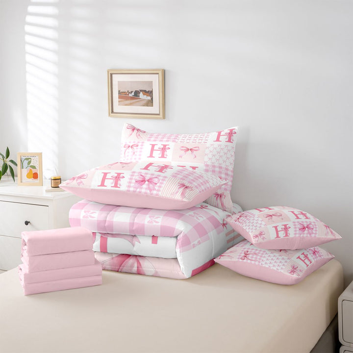 meiyoeat Modern Geometric Plaid 7 Pieces Full Size Bedding Sets For Kids,Pink Coquette Bow Initial Letter H Full Size Bed in a Bag,Pink Reversible