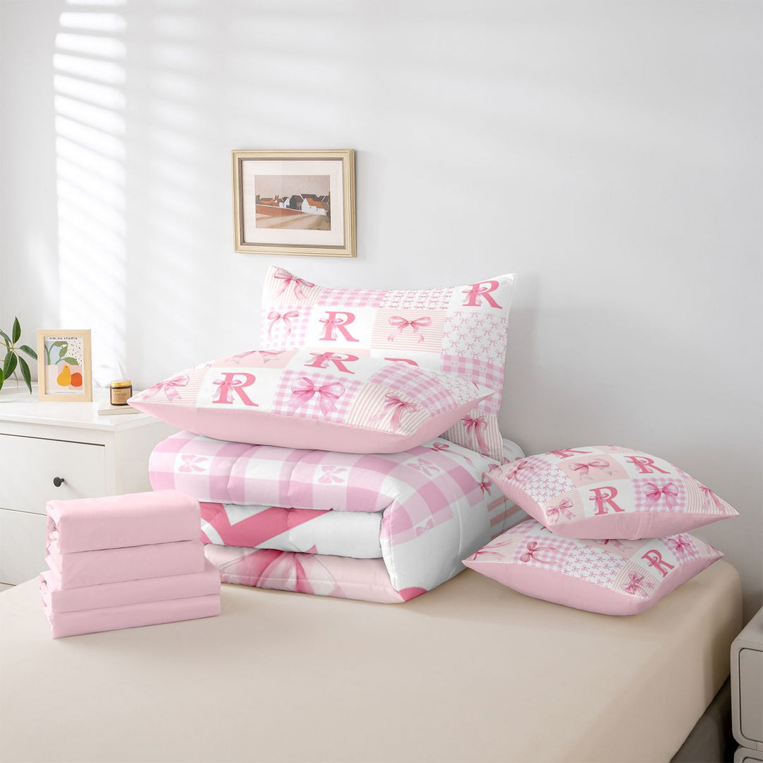 meiyoeat Abstract Geometric Plaid Buffalo 7 Pieces Full Size Bedding Sets,Girly Bows Monogrammed R Full Size Bed in a Bag For Kids,Pink Reversible