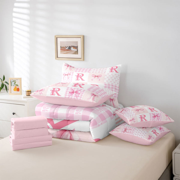 meiyoeat Abstract Geometric Plaid Buffalo 7 Pieces Full Size Bedding Sets,Girly Bows Monogrammed R Full Size Bed in a Bag For Kids,Pink Reversible