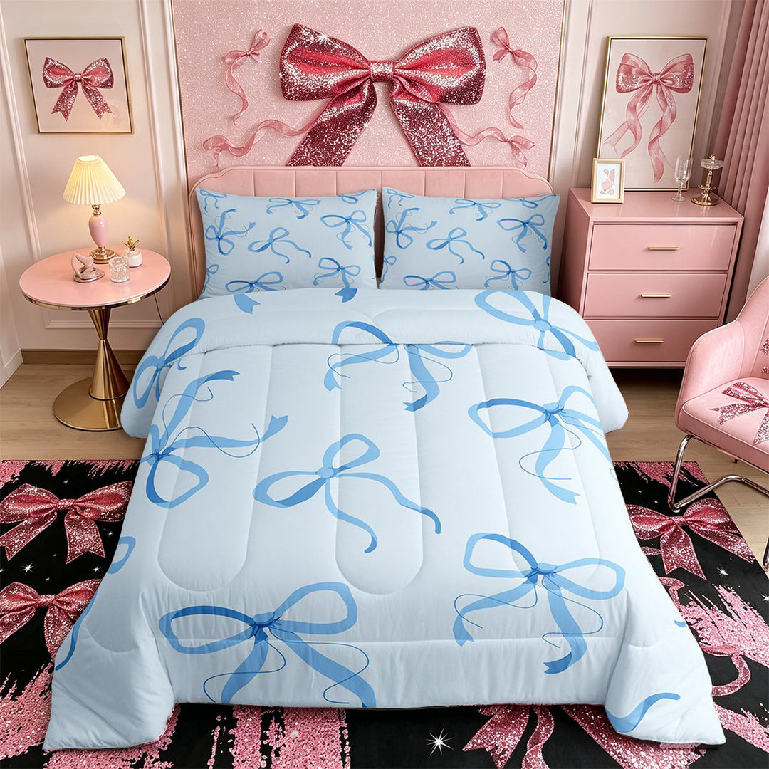 Meiyoeat Delicate Blue Bow Full Size Comforter Sets 3-Piece, Watercolor Ribbon Bowknot Print Bedding Comforter Set for Bedroom