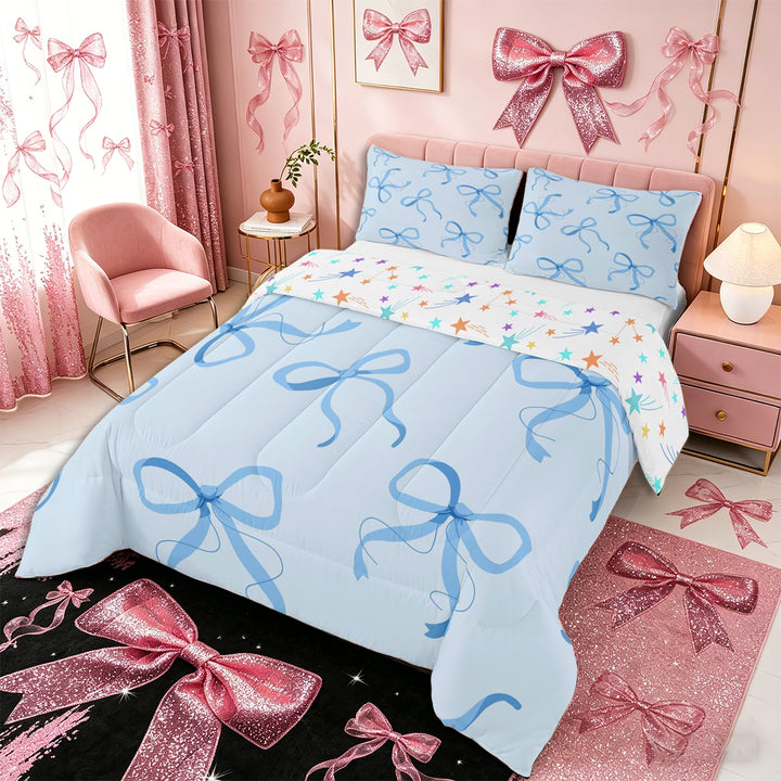 Meiyoeat Delicate Blue Bow Full Size Comforter Sets 3-Piece, Watercolor Ribbon Bowknot Print Bedding Comforter Set for Bedroom
