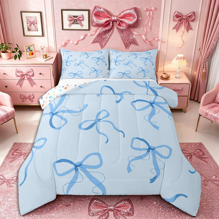 Meiyoeat Delicate Blue Bow Full Size Comforter Sets 3-Piece, Watercolor Ribbon Bowknot Print Bedding Comforter Set for Bedroom