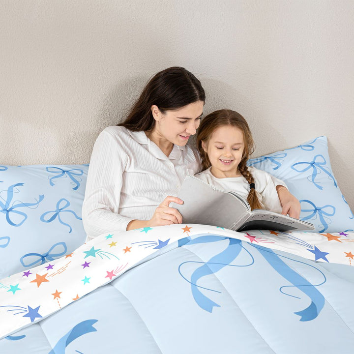Meiyoeat Delicate Blue Bow Full Size Comforter Sets 3-Piece, Watercolor Ribbon Bowknot Print Bedding Comforter Set for Bedroom