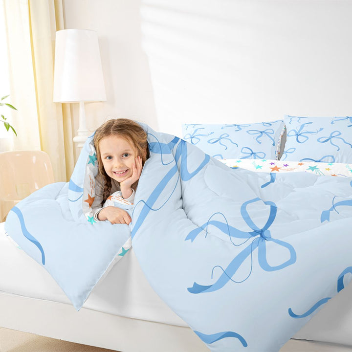 Meiyoeat Delicate Blue Bow Full Size Comforter Sets 3-Piece, Watercolor Ribbon Bowknot Print Bedding Comforter Set for Bedroom