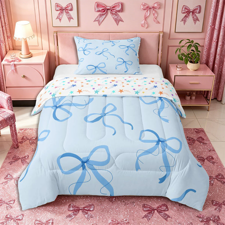 Meiyoeat Delicate Blue Bow Full Size Comforter Sets 3-Piece, Watercolor Ribbon Bowknot Print Bedding Comforter Set for Bedroom