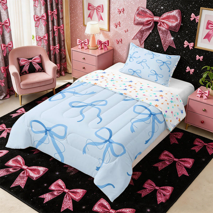 Meiyoeat Delicate Blue Bow Full Size Comforter Sets 3-Piece, Watercolor Ribbon Bowknot Print Bedding Comforter Set for Bedroom