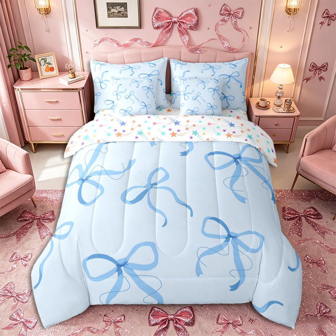 Meiyoeat Kawaii Blue Bow Full Size Bedding Sets 7 Pieces, Watercolor Ribbon Bowknot Print Full Size Bed in a Bag