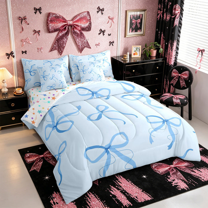 Meiyoeat Kawaii Blue Bow Full Size Bedding Sets 7 Pieces, Watercolor Ribbon Bowknot Print Full Size Bed in a Bag
