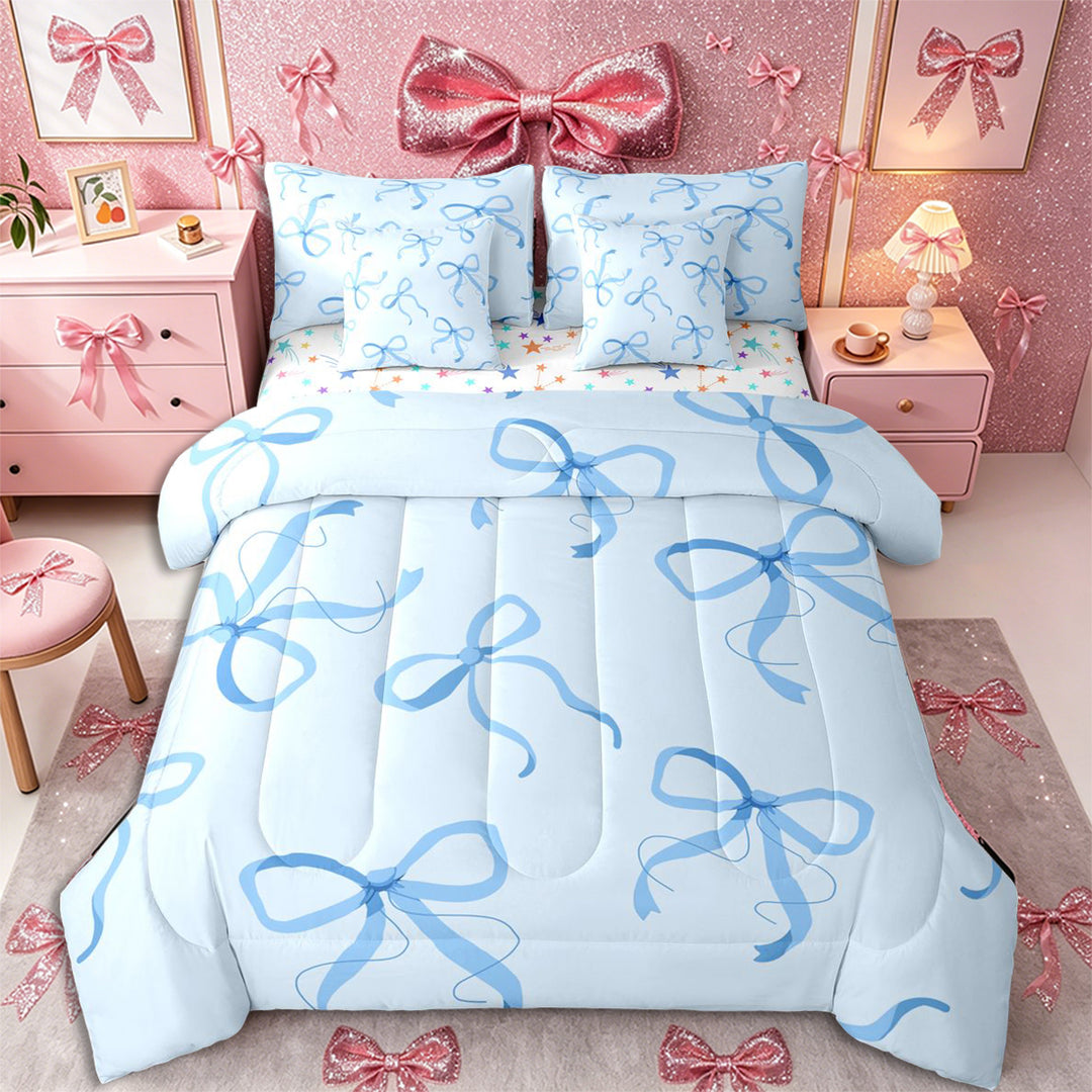 Meiyoeat Kawaii Blue Bow Full Size Bedding Sets 7 Pieces, Watercolor Ribbon Bowknot Print Full Size Bed in a Bag