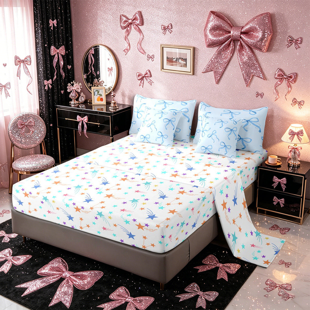 Meiyoeat Kawaii Blue Bow Full Size Bedding Sets 7 Pieces, Watercolor Ribbon Bowknot Print Full Size Bed in a Bag