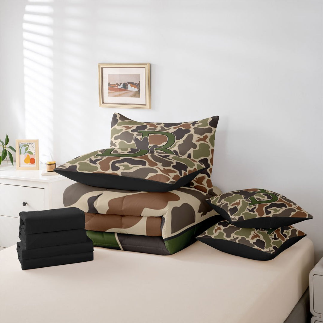 meiyoeat Camouflage Themed Initial B 7 Pieces Full Size Bedding Sets For Boys,Rustic Mallard Duck Full Size Bed in a Bag,Black Reversible