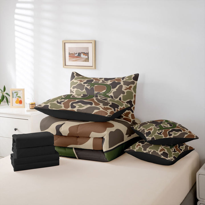 meiyoeat Camouflage Themed Initial B 7 Pieces Full Size Bedding Sets For Boys,Rustic Mallard Duck Full Size Bed in a Bag,Black Reversible