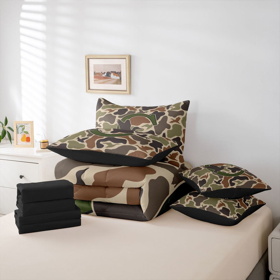 meiyoeat Camouflage Hunting Monogram C 7 Pieces Full Size Bedding Sets For Boys,Rustic Farmhouse Mallard Full Size Bed in a Bag,Black Reversible