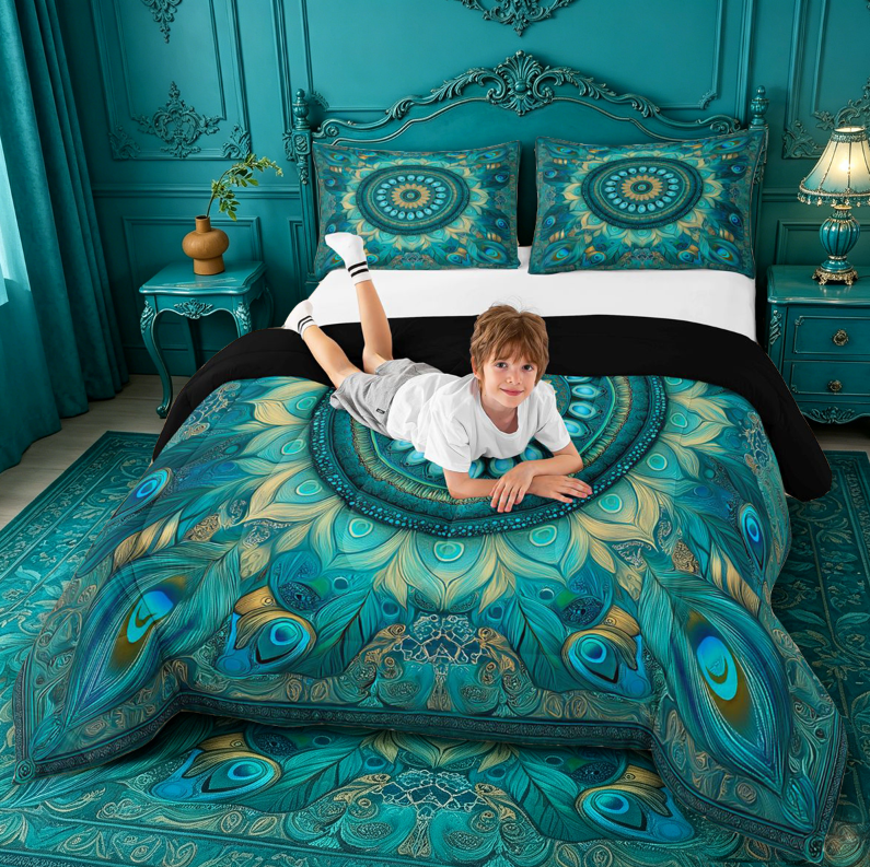 meiyoeat Teal Peacock Pattern King Size Comforter Sets For Adults,Vintage Boho Art Comforters King Size For Women,Black Reversible,3pcs