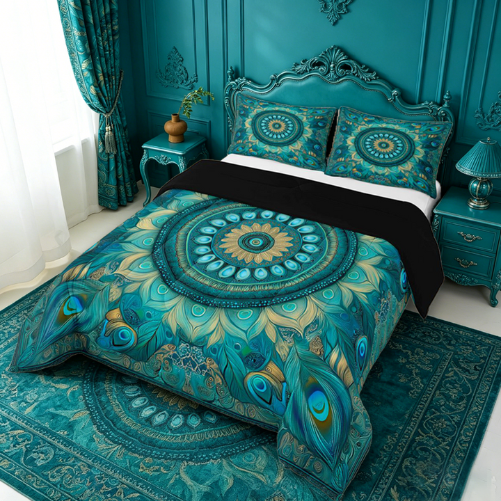 meiyoeat Teal Peacock Pattern King Size Comforter Sets For Adults,Vintage Boho Art Comforters King Size For Women,Black Reversible,3pcs