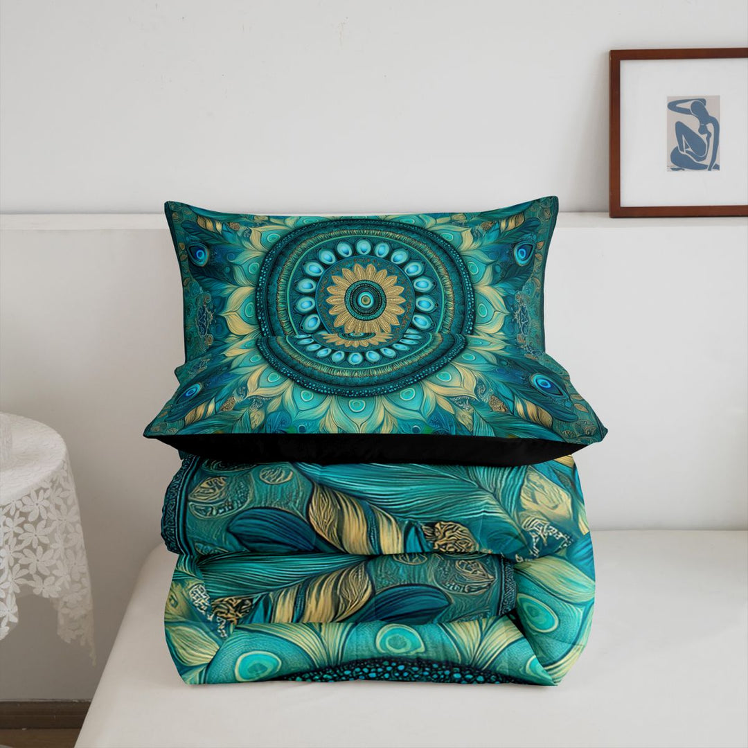 meiyoeat Teal Peacock Pattern King Size Comforter Sets For Adults,Vintage Boho Art Comforters King Size For Women,Black Reversible,3pcs