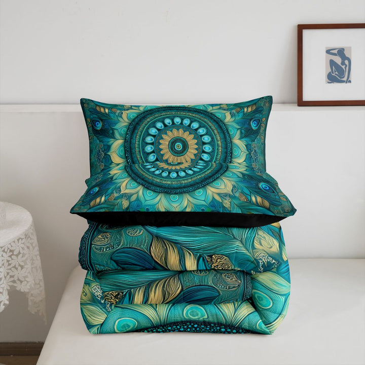 meiyoeat Teal Peacock Pattern King Size Comforter Sets For Adults,Vintage Boho Art Comforters King Size For Women,Black Reversible,3pcs
