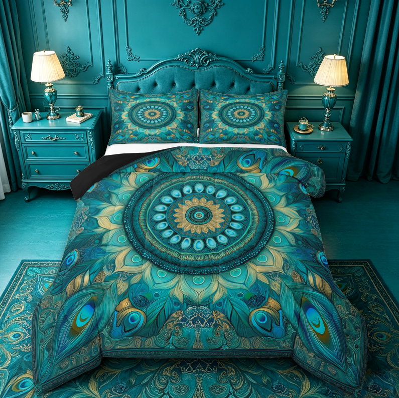 meiyoeat Teal Peacock Pattern King Size Comforter Sets For Adults,Vintage Boho Art Comforters King Size For Women,Black Reversible,3pcs