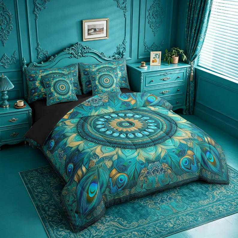 meiyoeat Teal Peacock Pattern 7-Piece King Bedding For Adults,Vintage Boho Art King Bed in a Bag For Women,Black Reversible