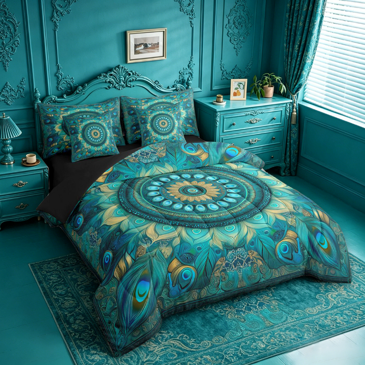 meiyoeat Teal Peacock Pattern 7-Piece King Bedding For Adults,Vintage Boho Art King Bed in a Bag For Women,Black Reversible