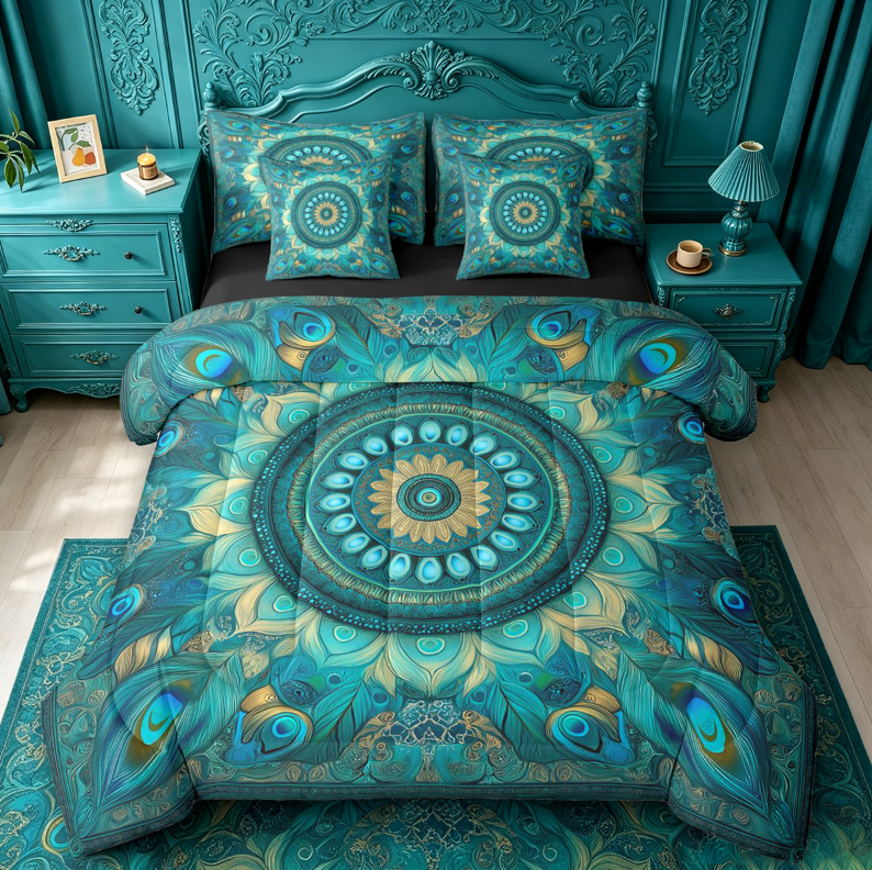 meiyoeat Teal Peacock Pattern 7-Piece King Bedding For Adults,Vintage Boho Art King Bed in a Bag For Women,Black Reversible