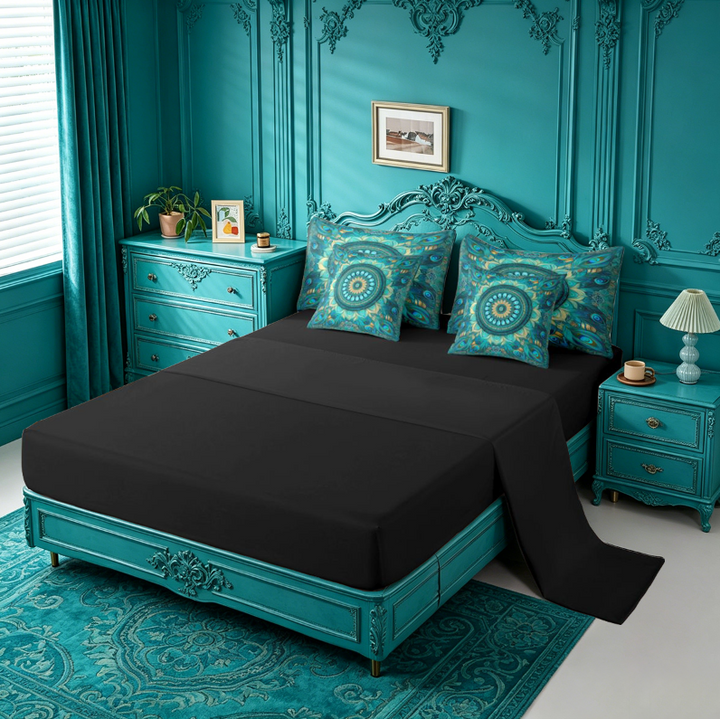 meiyoeat Teal Peacock Pattern 7-Piece King Bedding For Adults,Vintage Boho Art King Bed in a Bag For Women,Black Reversible