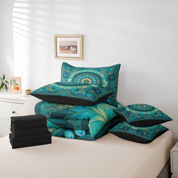 meiyoeat Teal Peacock Pattern 7-Piece King Bedding For Adults,Vintage Boho Art King Bed in a Bag For Women,Black Reversible
