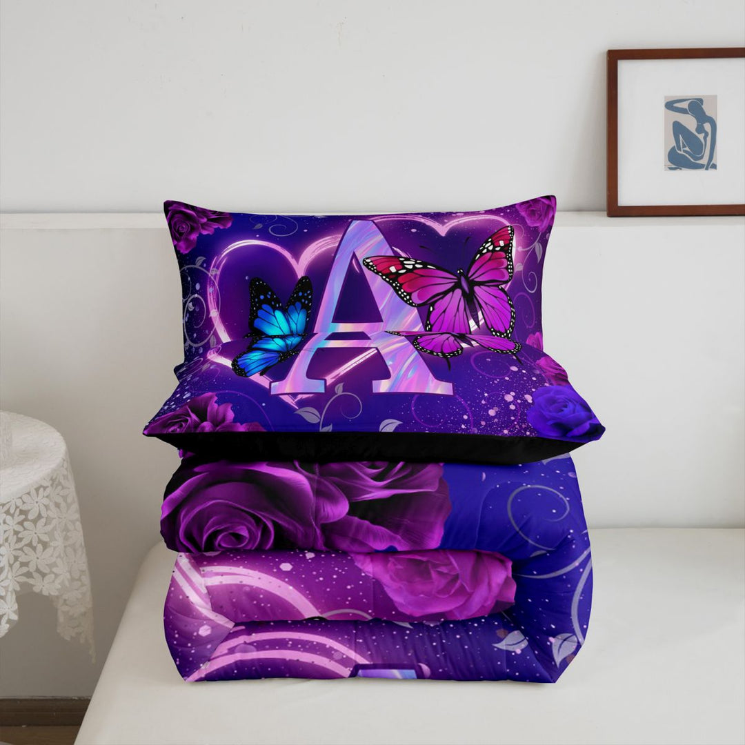 meiyoeat Purple Butterfly Rose Monogram A Full Size Comforter Sets,Neon Heart Initial Bedding Comforter Set For Girl,Black Reversible,3 Pieces,1 Comforter and 2 Pillowcases