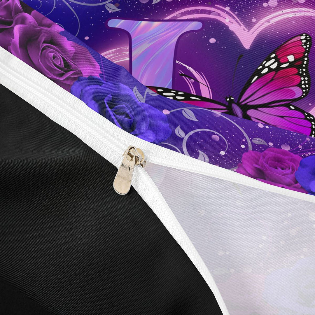 meiyoeat Butterfly Theme Monogram J Bedding,Purple Neon Initial Art Duvet Cover Full For Girl,Black Reversible,3 Pieces,1 Duvet Cover and 2 Pillowcases