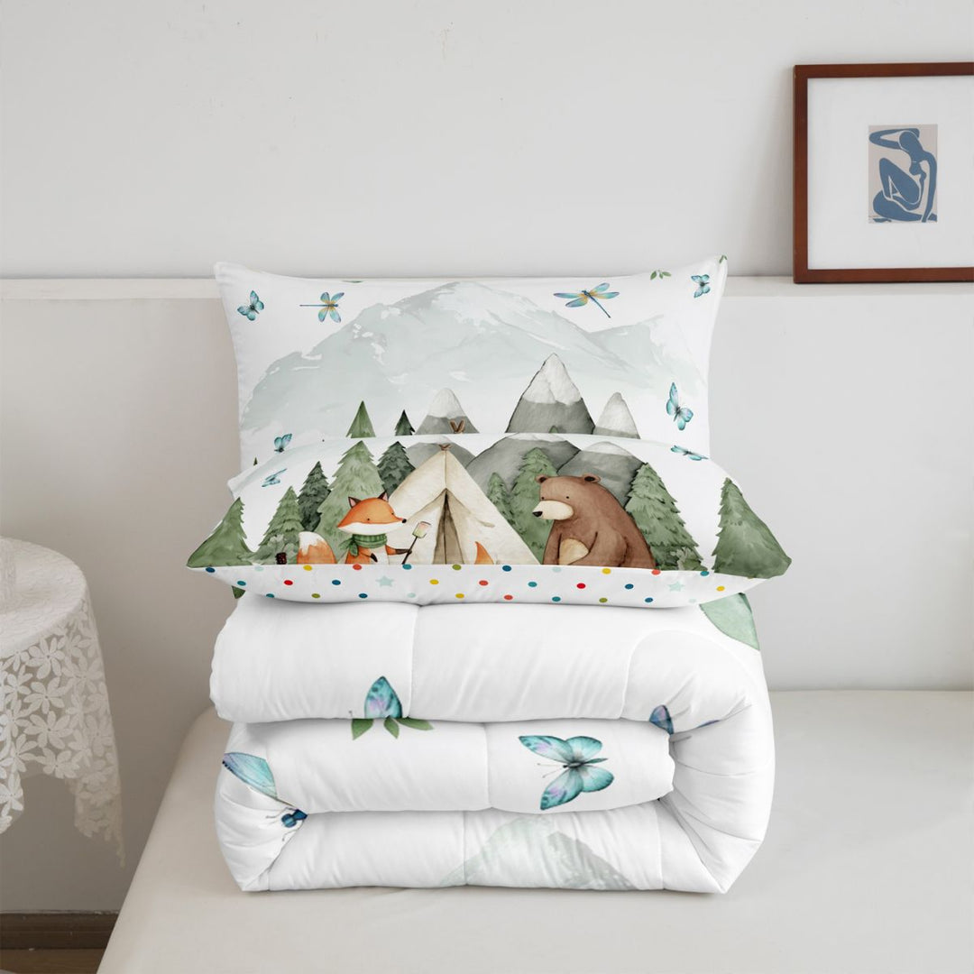 meiyoeat Watercolor Camping Full Size Comforter Sets For Boys,Fox Tent Print Bedding Comforter Set,Polkadot Reversible,3-Piece,1 Comforter and 2 Pillowcases